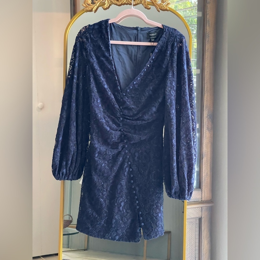 Bardot NWT Reid Navy Blue Lace Long Sleeve Minidress with Button Up Detail